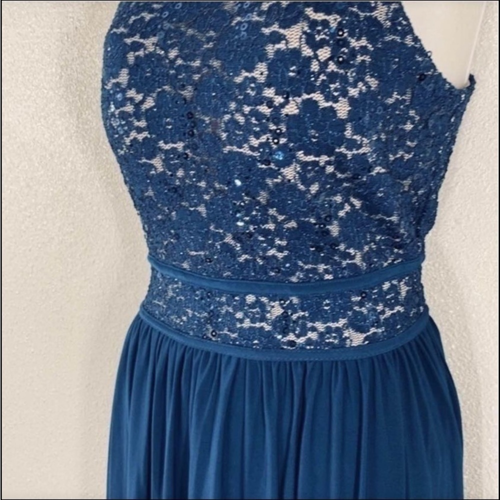 PROM FORMAL NIGHTWAY BLUE LACE, SEQUINS DOUBLE SPAGHETTI STRAPS VEUC - Picture 11 of 12
